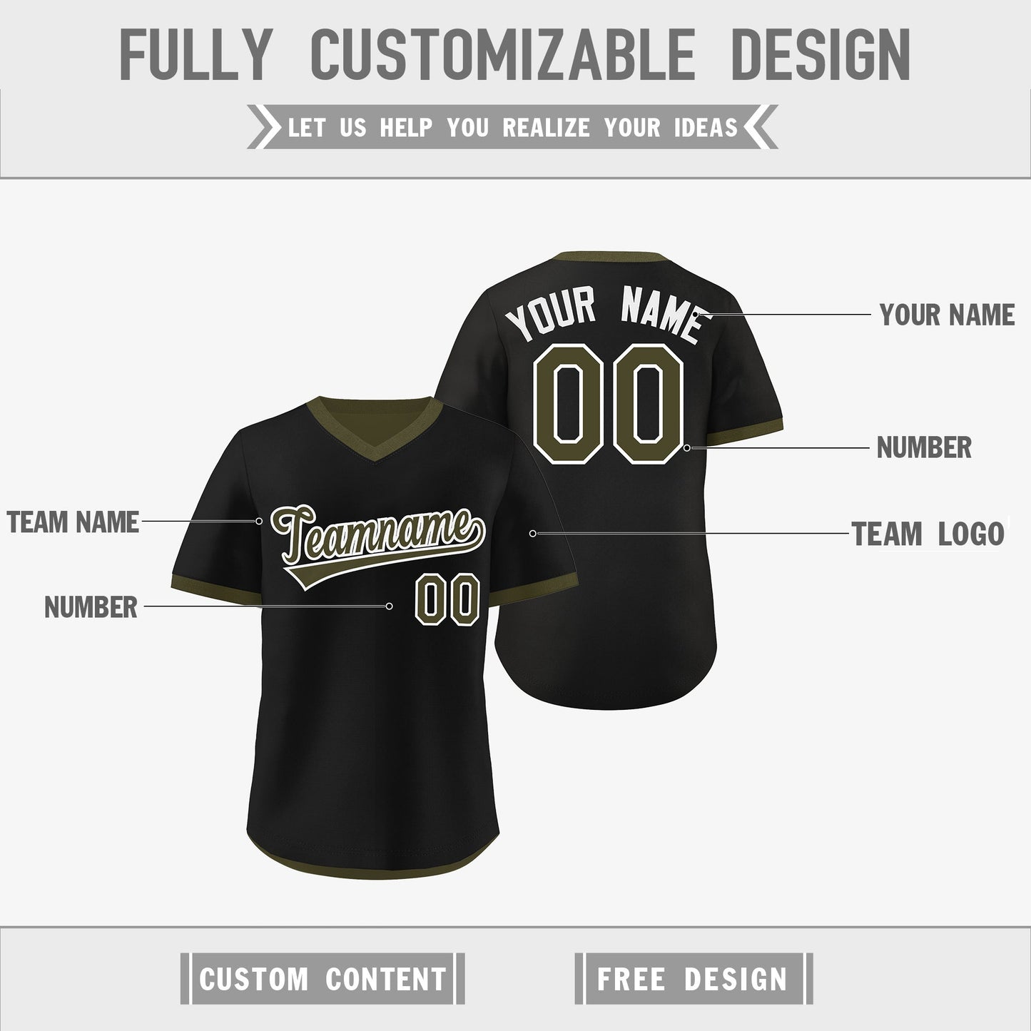 Custom Olive Black Reversible Pullover Baseball Jersey Classic Style Breathable