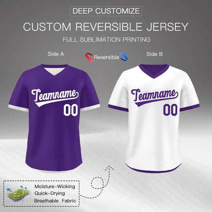 Custom Purple White Reversible Pullover Baseball Jersey Classic Style Breathable