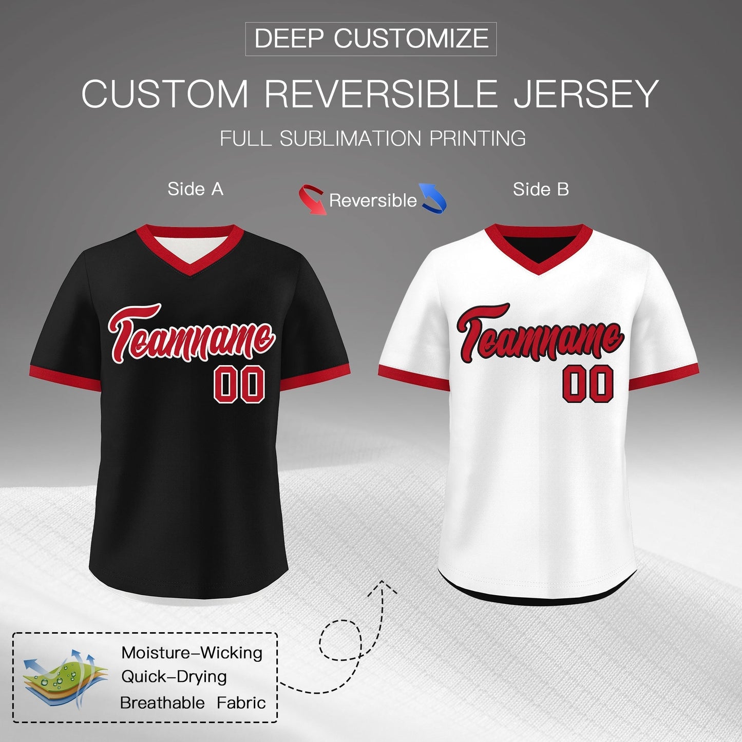 Custom White Black Red Reversible Pullover Baseball Jersey Classic Style Quick Dry