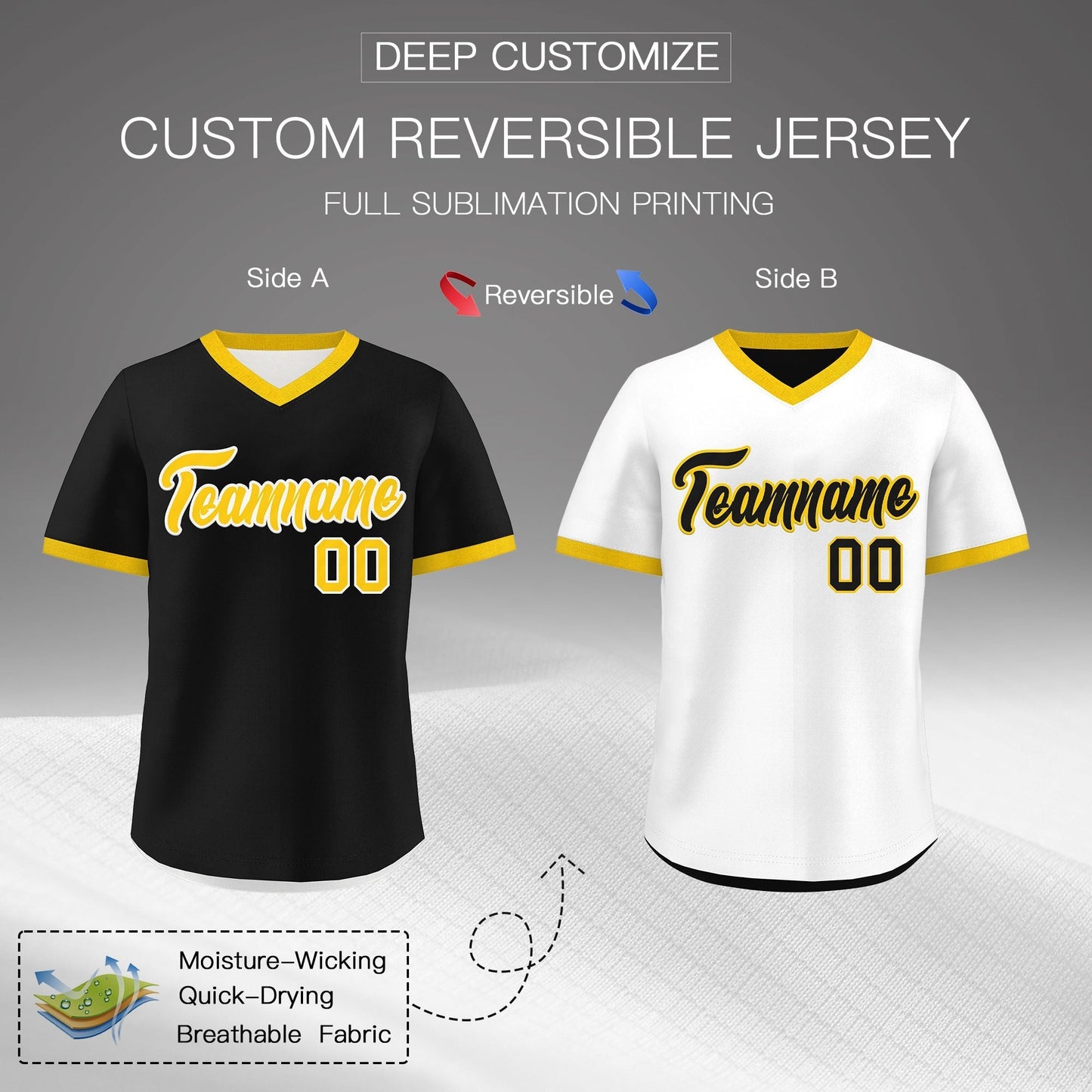 Custom White Black Gold Reversible Pullover Baseball Jersey Classic Style Lightweight