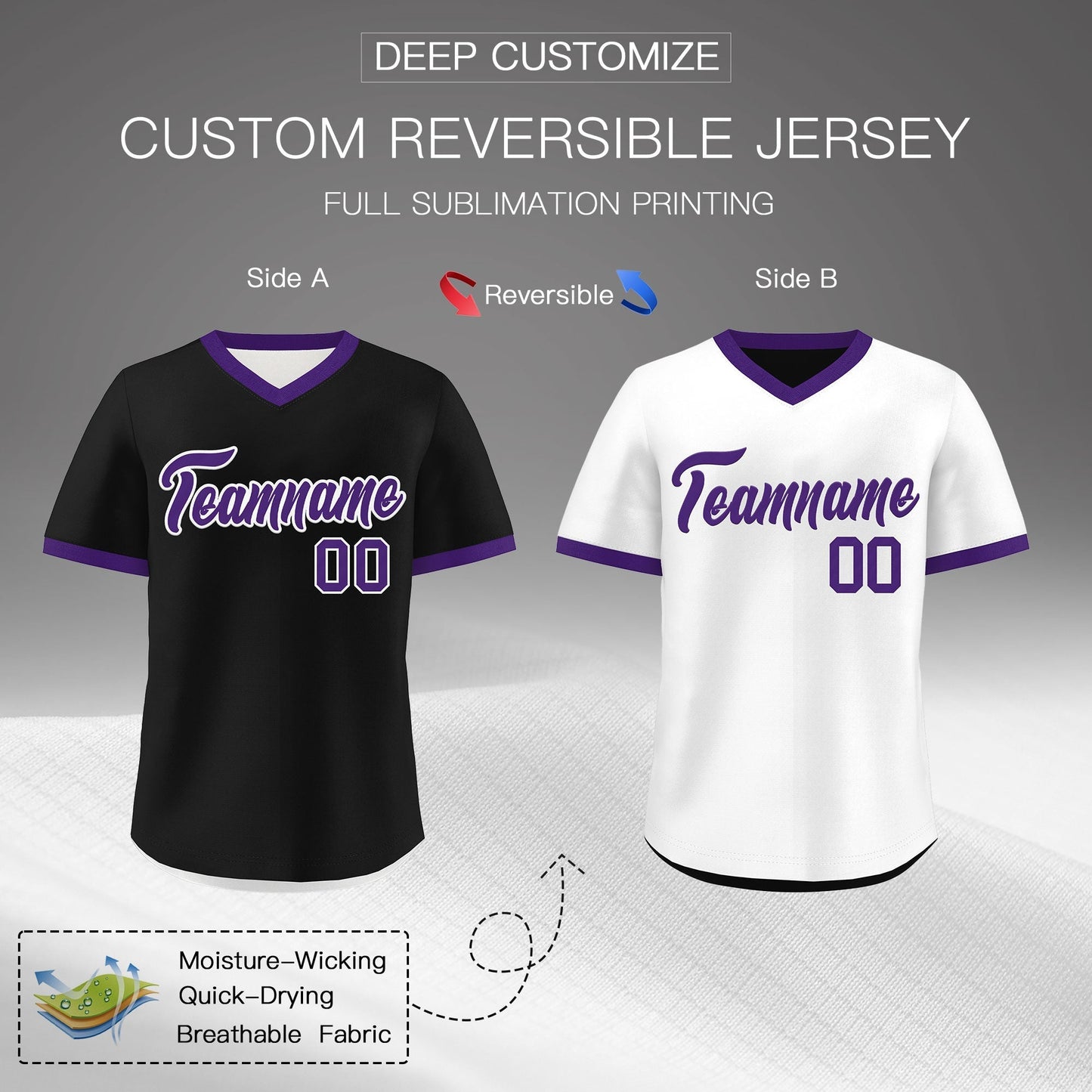 Custom White Black Purple Reversible Pullover Baseball Jersey Classic Style Quick Dry