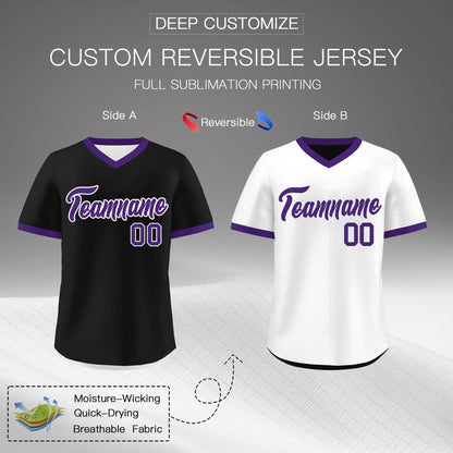Custom White Black Purple Reversible Pullover Baseball Jersey Classic Style Quick Dry