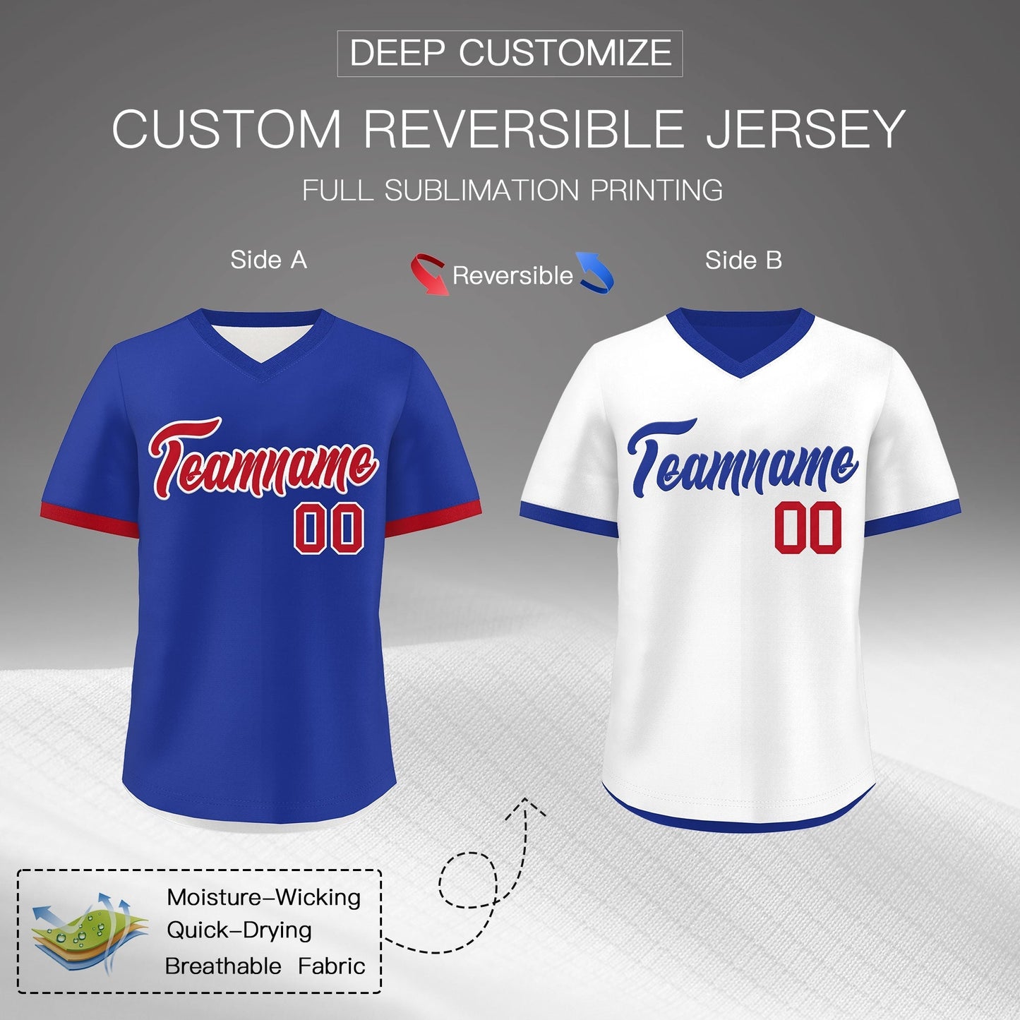 Custom Royal Blue White Red Reversible Pullover Baseball Jersey Classic Style Breathable
