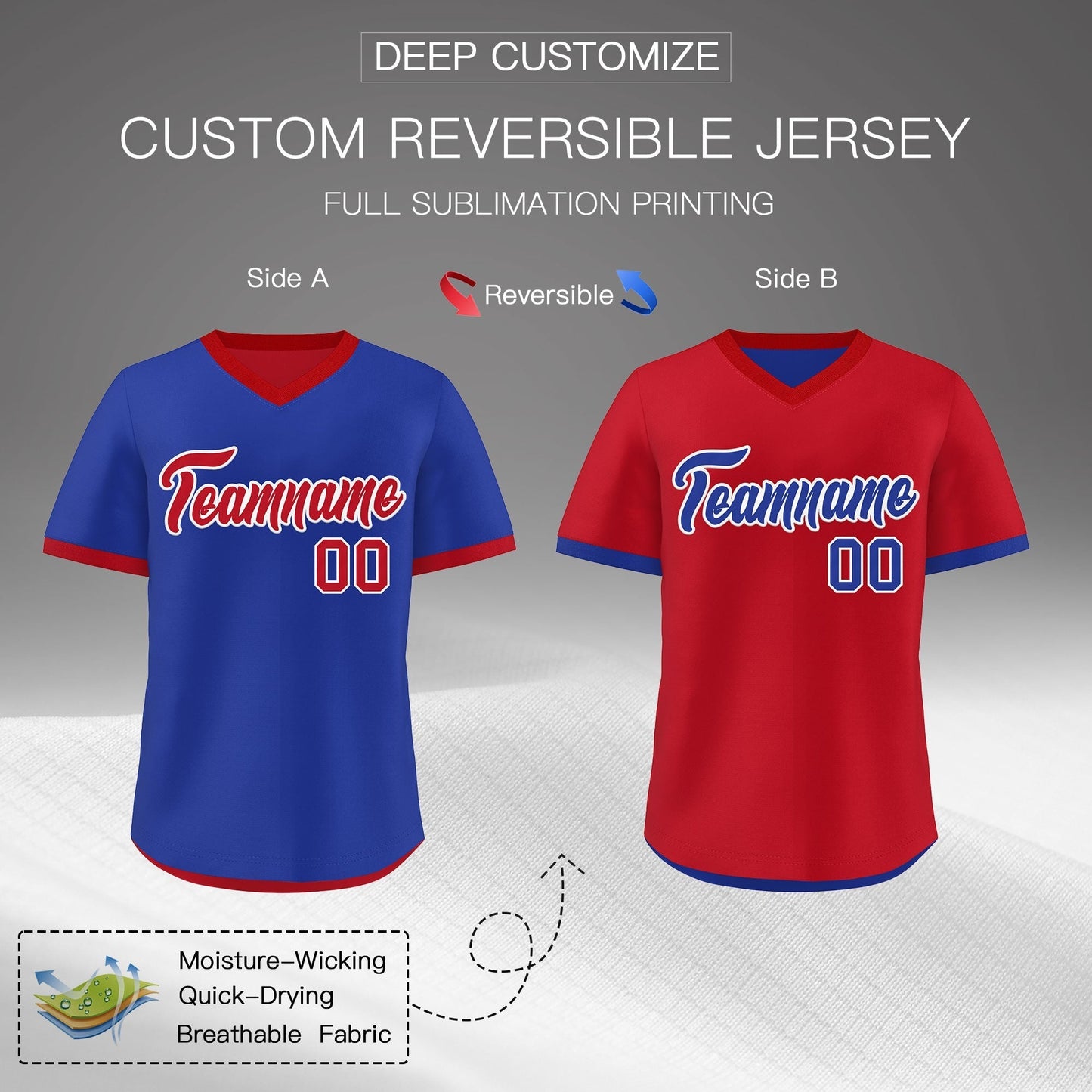 Custom Royal Blue Red Reversible Pullover Baseball Jersey Classic Style Quick Dry