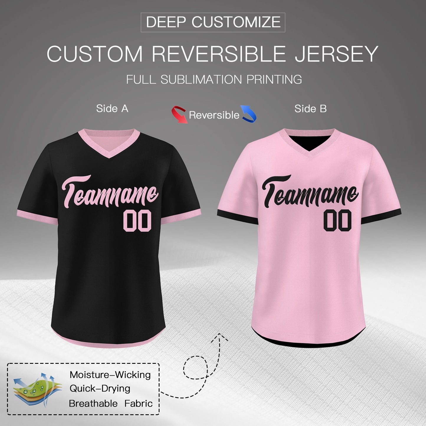 Custom Light Pink Black Reversible Pullover Baseball Jersey Classic Style Breathable