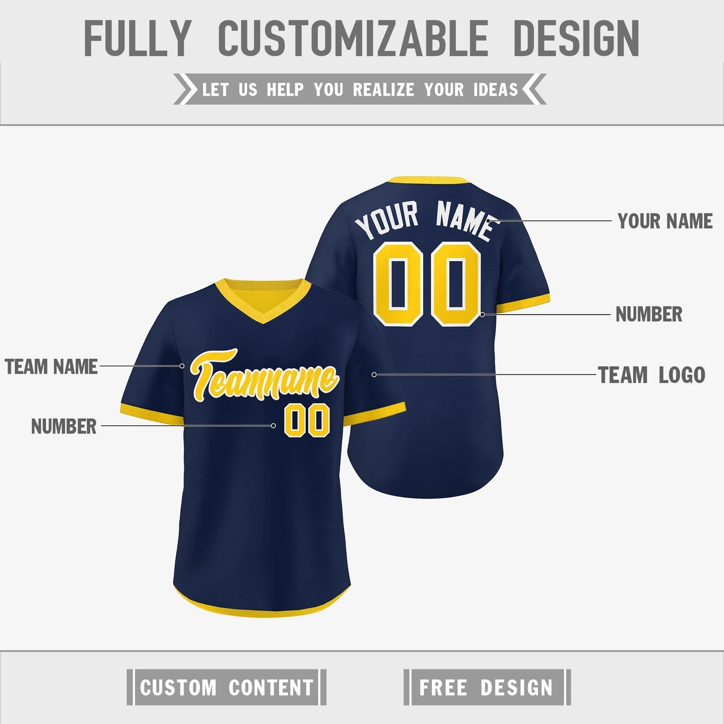 Custom Navy Gold White Reversible Pullover Baseball Jersey Classic Style Lightweight