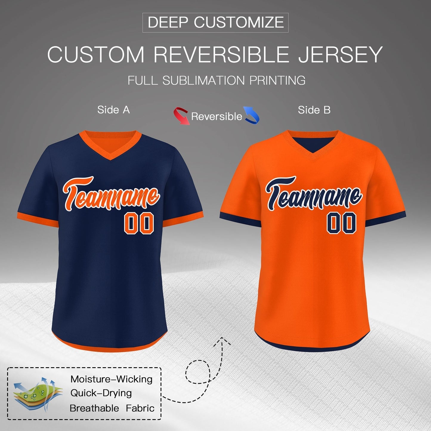 Custom Navy Orange Reversible Pullover Baseball Jersey Classic Style Breathable