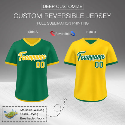 Custom Kelly Green Gold Reversible Pullover Baseball Jersey Classic Style Quick Dry