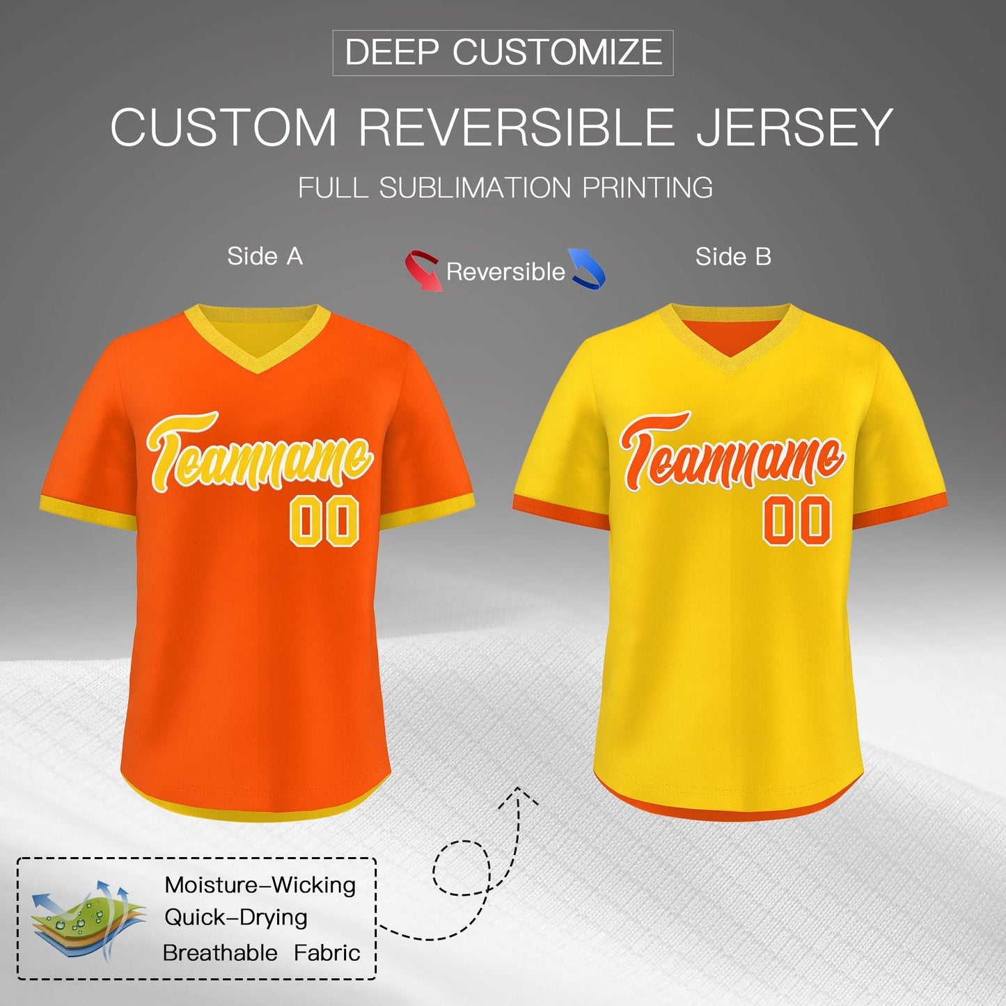 Custom Gold Orange Reversible Pullover Baseball Jersey Classic Style Lightweight