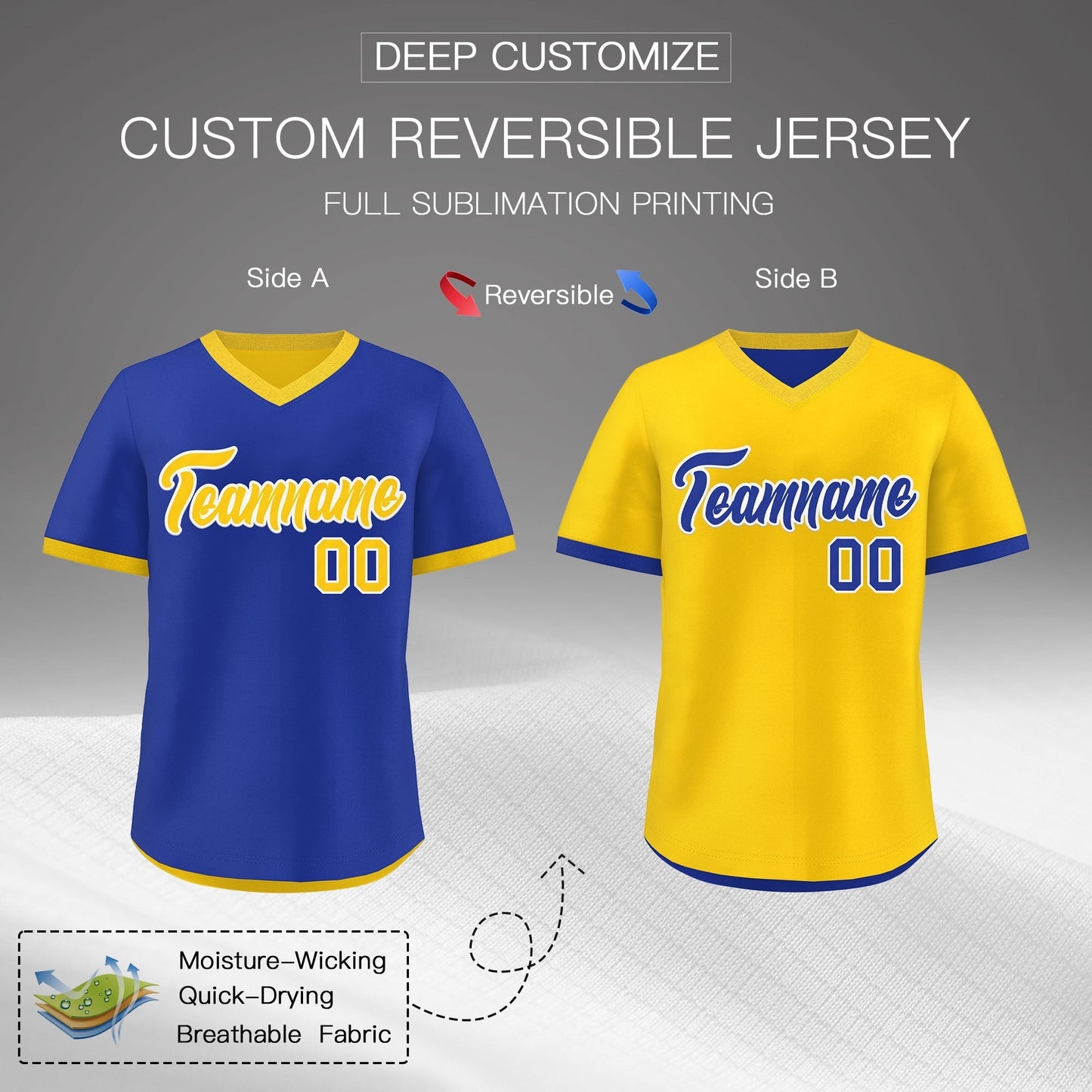 Custom Gold Royal Blue Reversible Pullover Baseball Jersey Classic Style Breathable
