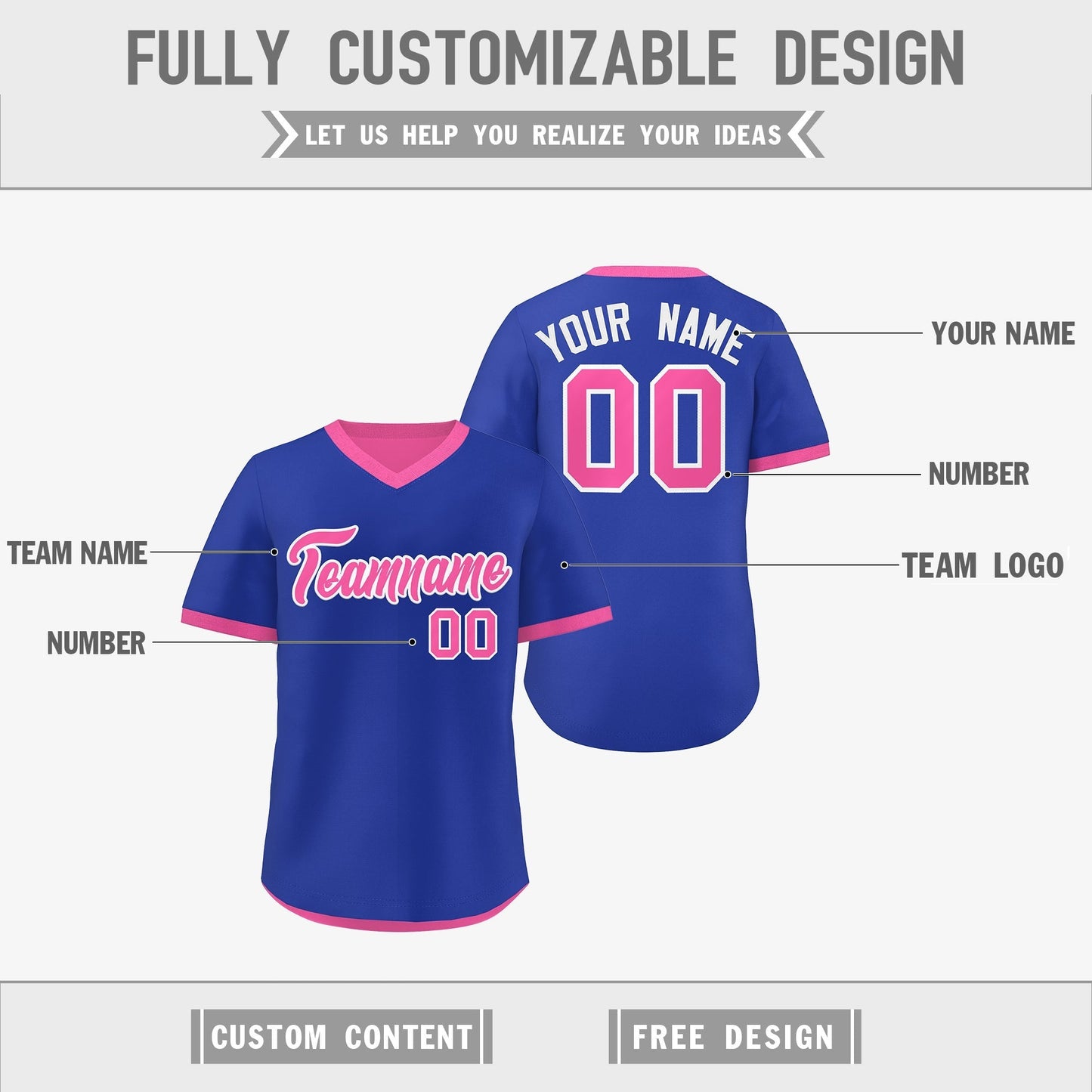 Custom Pink Royal Blue Reversible Pullover Baseball Jersey Classic Style Quick Dry