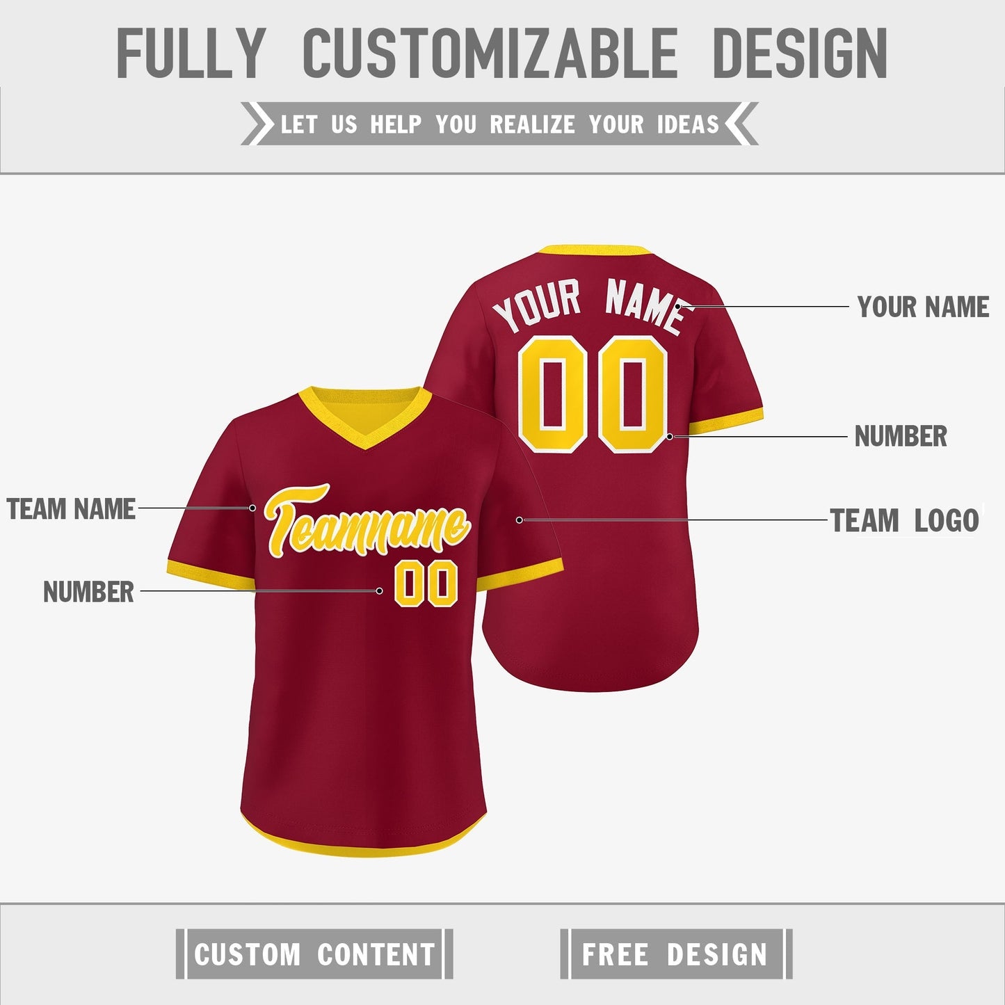 Custom Gold Red Reversible Pullover Baseball Jersey Classic Style Breathable