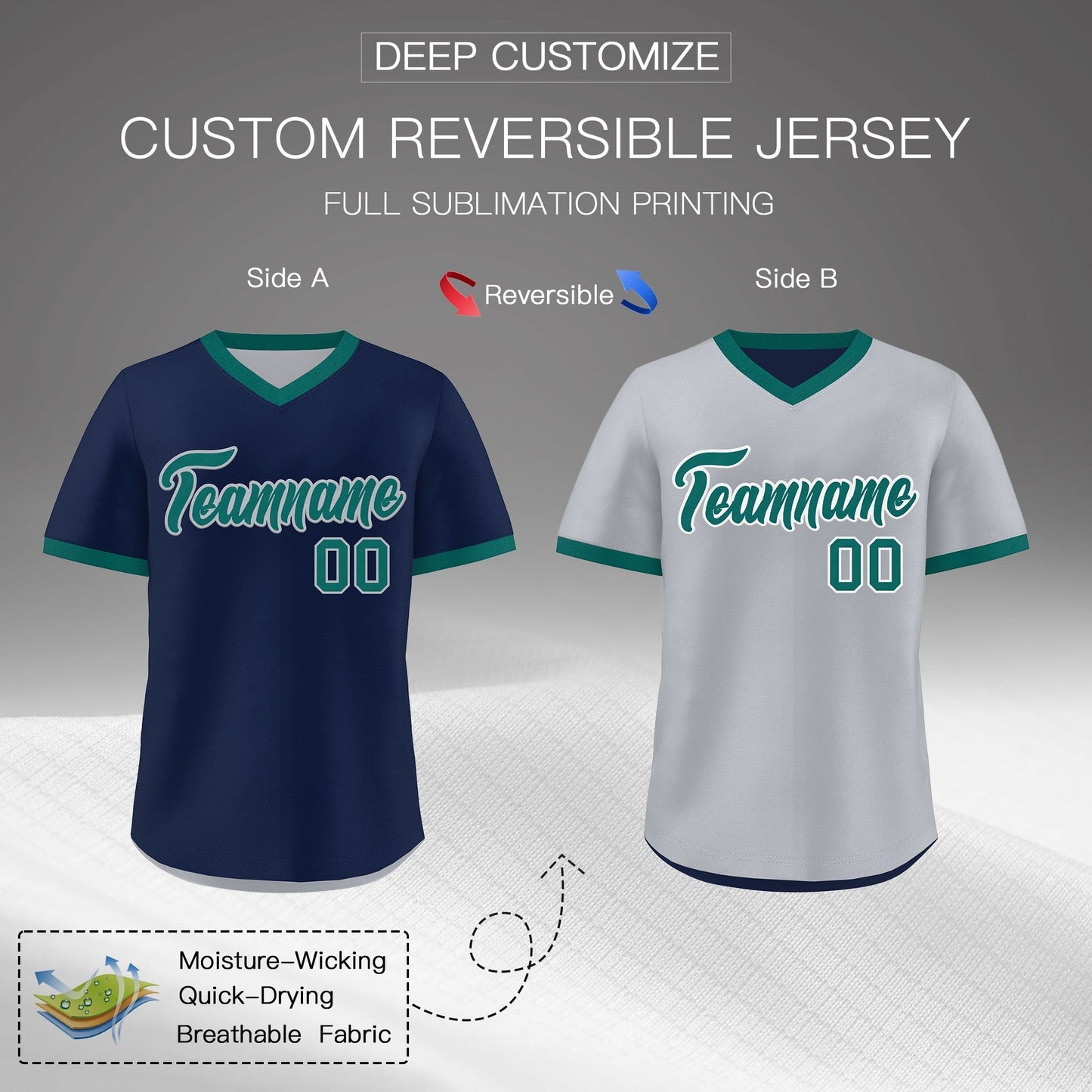 Custom Teal Silver Reversible Pullover Baseball Jersey Classic Style Quick Dry