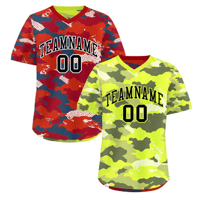 Custom Fluorescent Green Crimson Reversible Pullover Baseball Jersey Camo Stretch Fabric