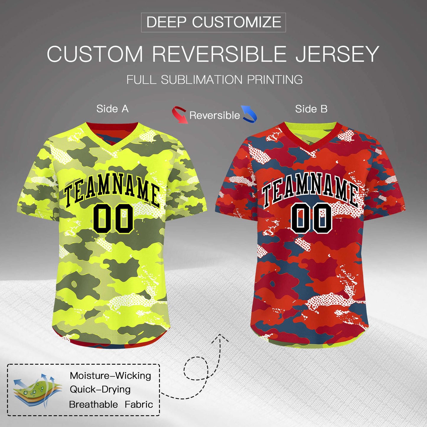 Custom Fluorescent Green Crimson Reversible Pullover Baseball Jersey Camo Stretch Fabric