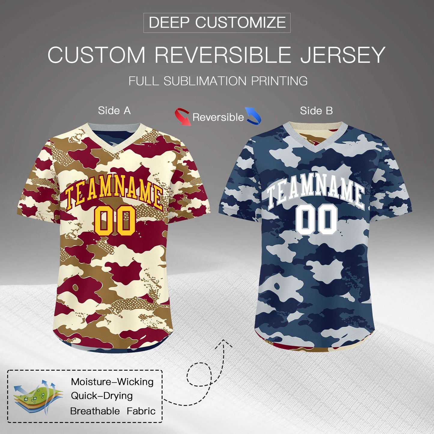 Custom Camel Cream Navy Reversible Pullover Baseball Jersey Camo Breathable