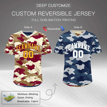Custom Camel Cream Navy Reversible Pullover Baseball Jersey Camo Breathable