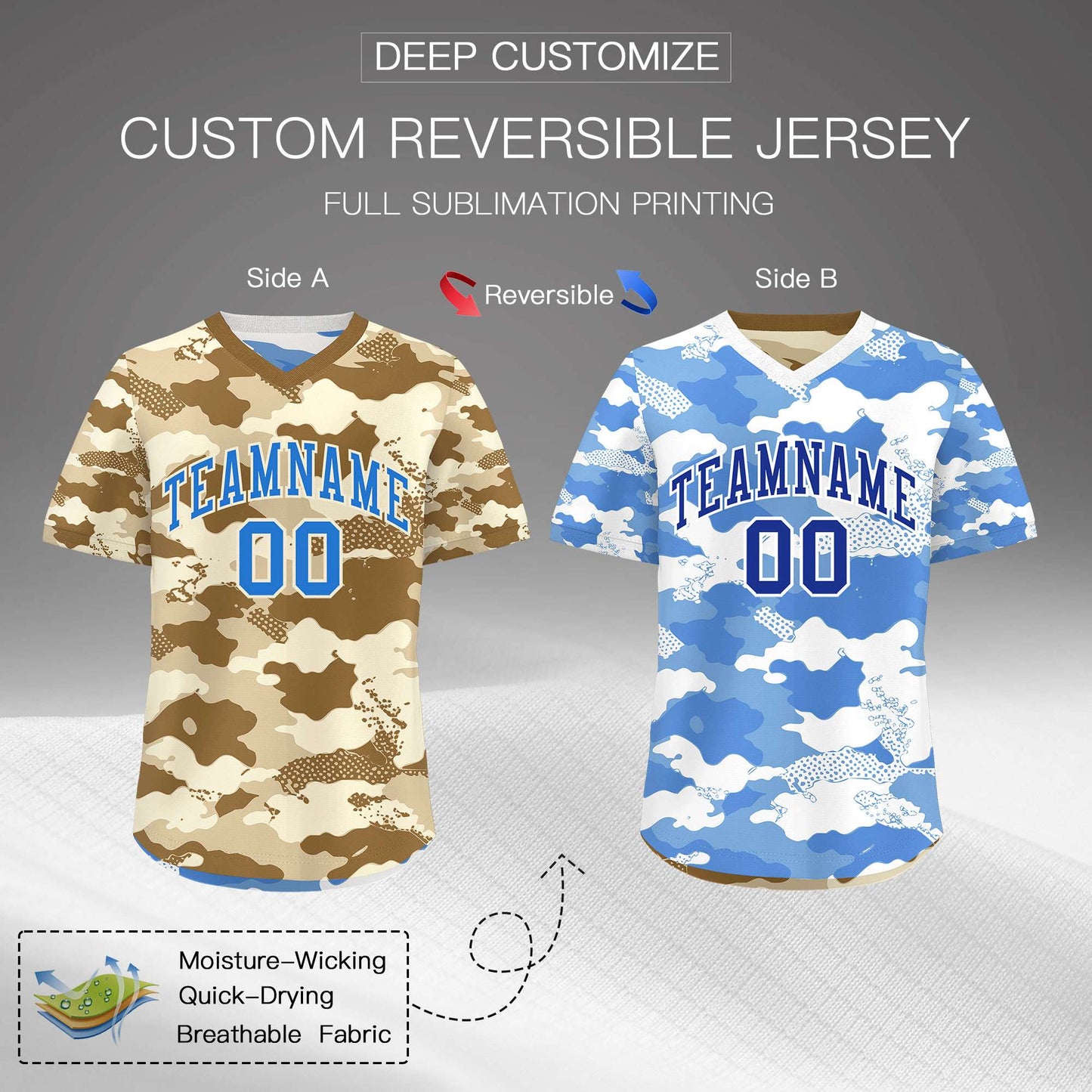 Custom Camel Cream Powder Blue Reversible Pullover Baseball Jersey Camo Lightweight