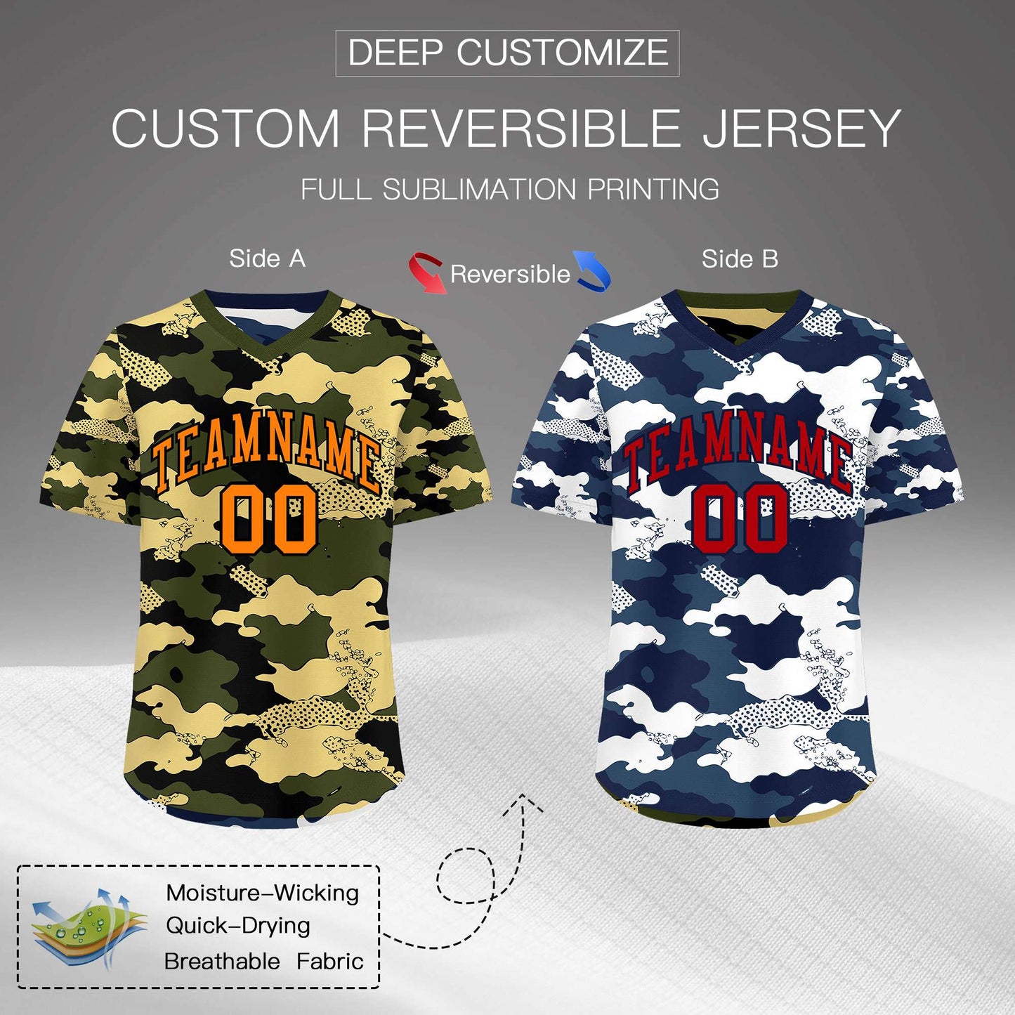 Custom Olive Khaki Midnight Blue Reversible Pullover Baseball Jersey Camo Stretch Fabric