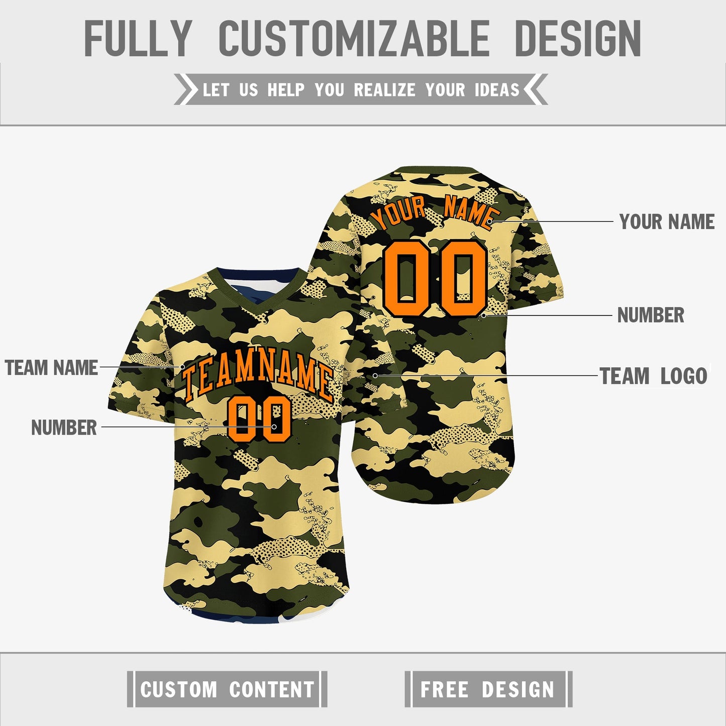 Custom Olive Khaki Midnight Blue Reversible Pullover Baseball Jersey Camo Stretch Fabric