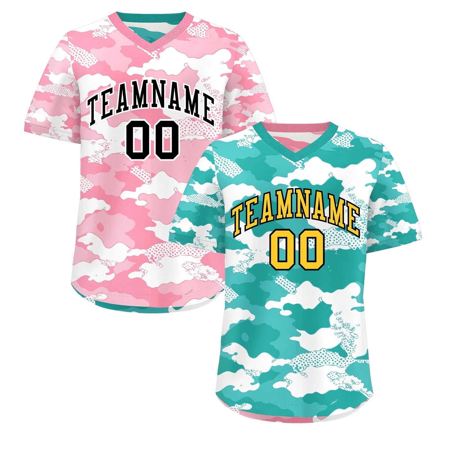 Custom Teal Aqua Light Pink Reversible Pullover Baseball Jersey Camo Stretch Fabric