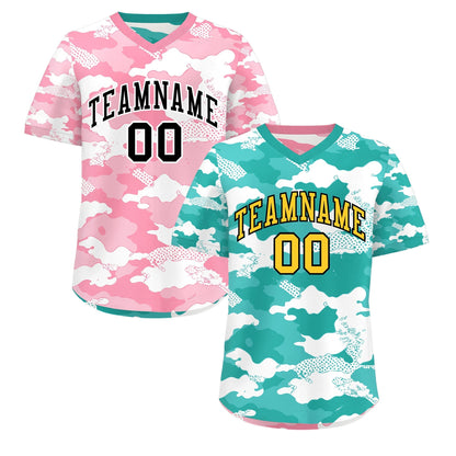 Custom Teal Aqua Light Pink Reversible Pullover Baseball Jersey Camo Stretch Fabric