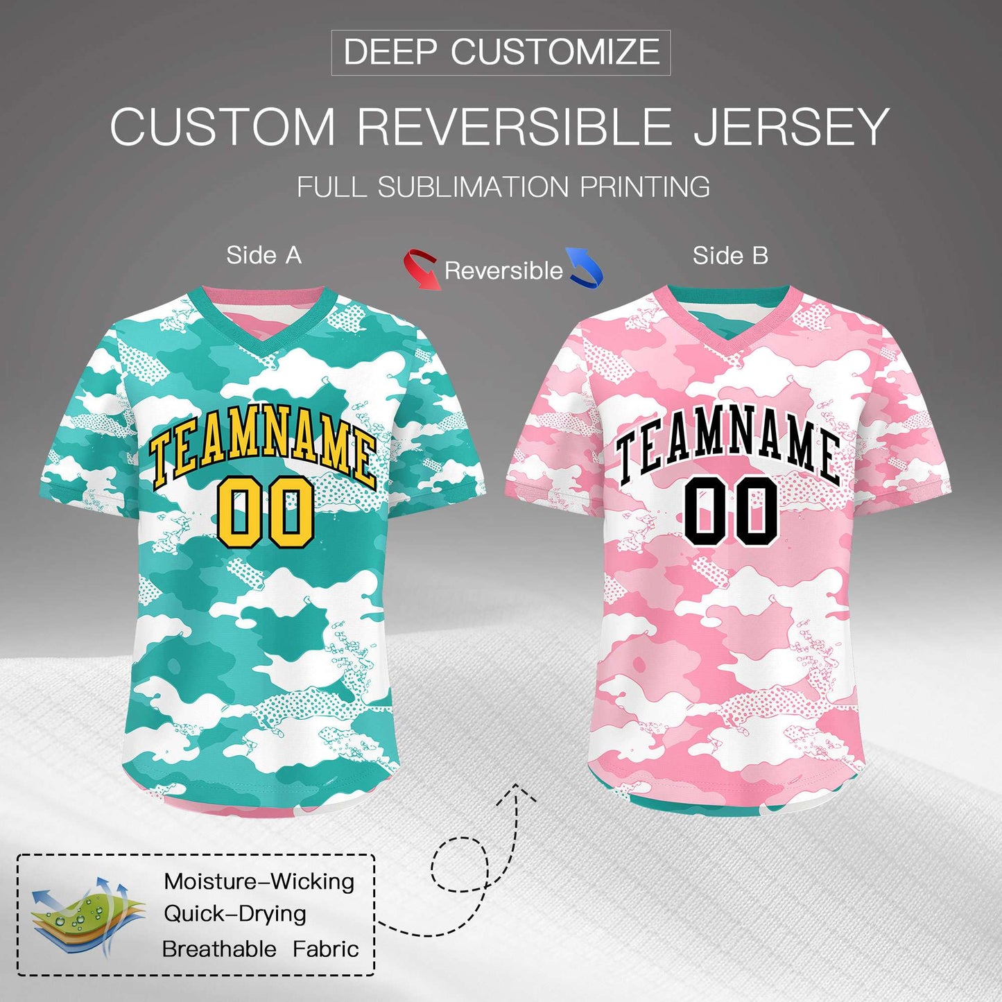 Custom Teal Aqua Light Pink Reversible Pullover Baseball Jersey Camo Stretch Fabric