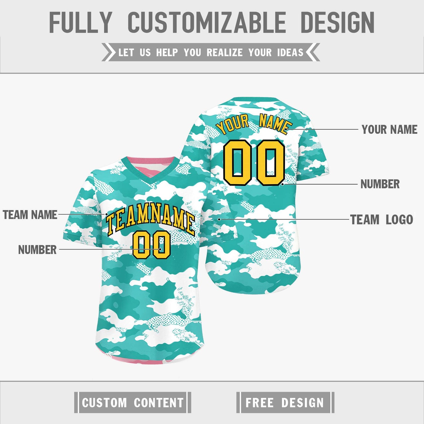 Custom Teal Aqua Light Pink Reversible Pullover Baseball Jersey Camo Stretch Fabric
