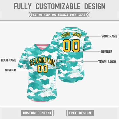 Custom Teal Aqua Light Pink Reversible Pullover Baseball Jersey Camo Stretch Fabric
