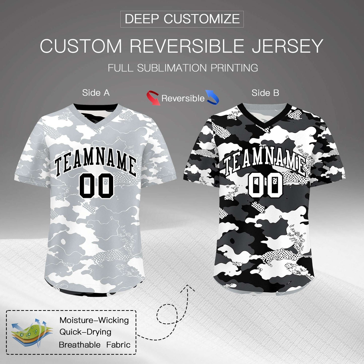 Custom White Black Reversible Pullover Baseball Jersey Camo Breathable
