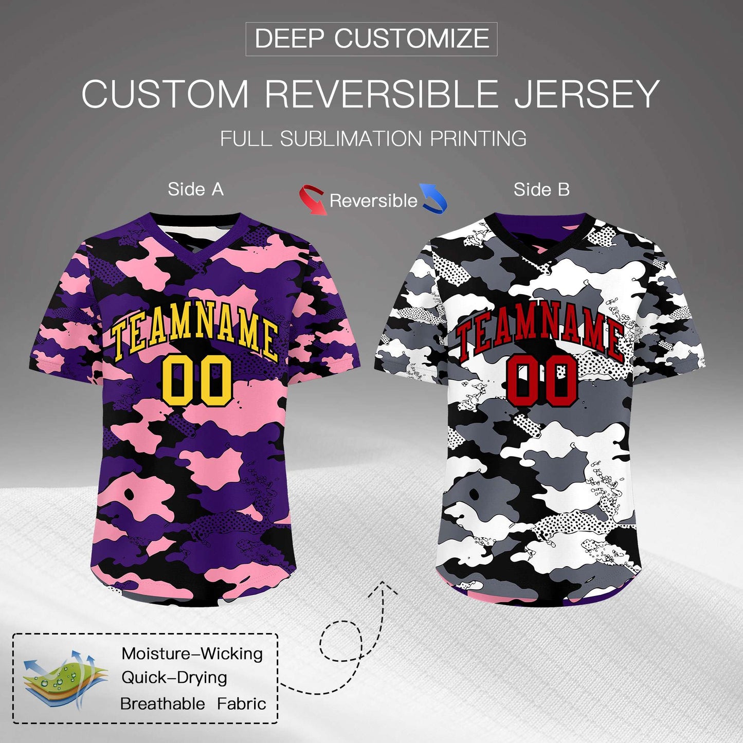 Custom Purple Light Pink White Reversible Pullover Baseball Jersey Camo Stretch Fabric