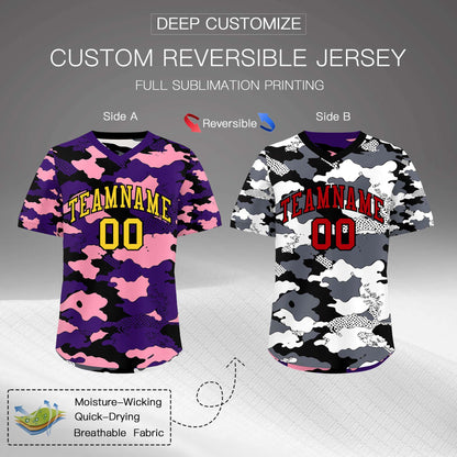 Custom Purple Light Pink White Reversible Pullover Baseball Jersey Camo Stretch Fabric
