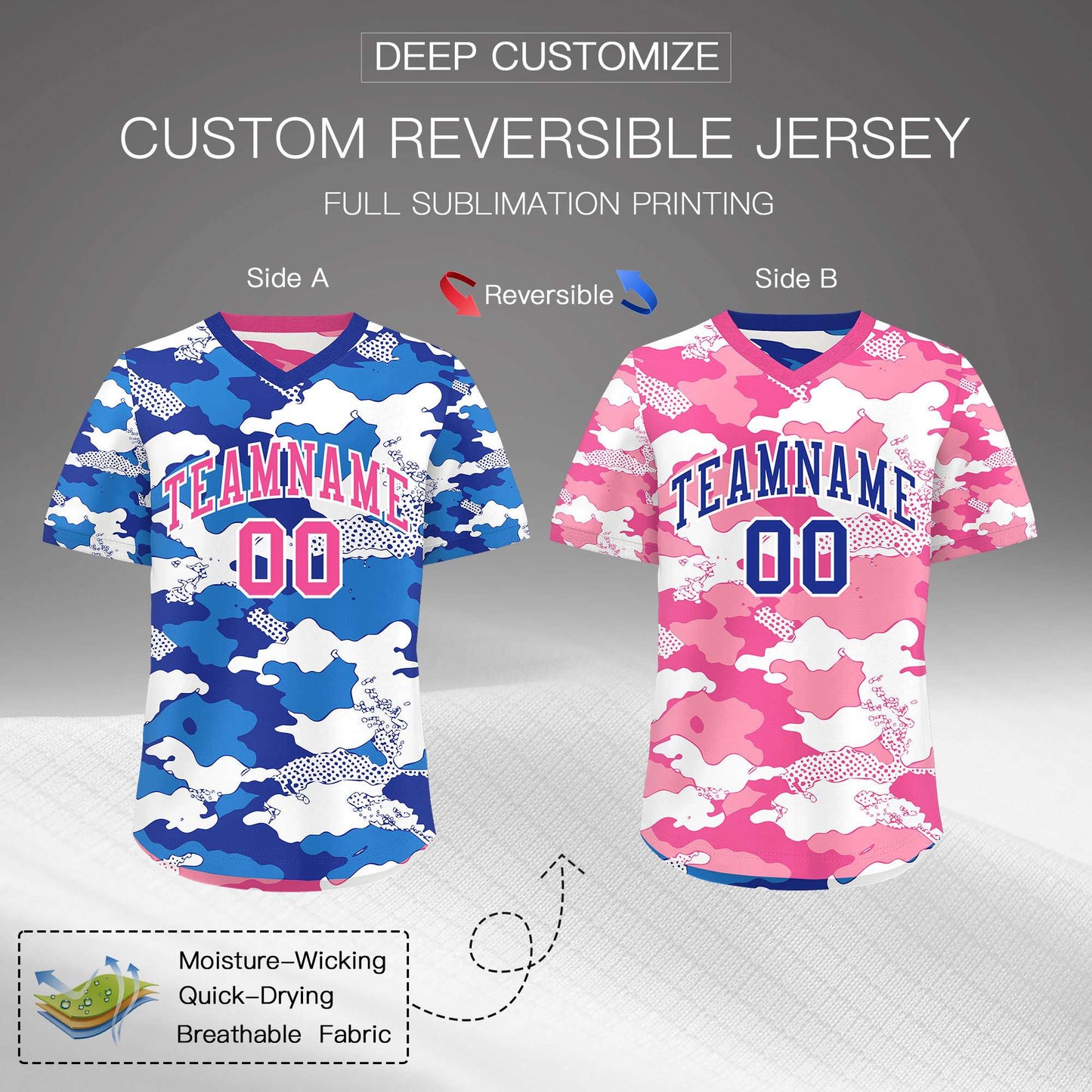 Custom Royal Blue Pink White Reversible Pullover Baseball Jersey Camo Breathable