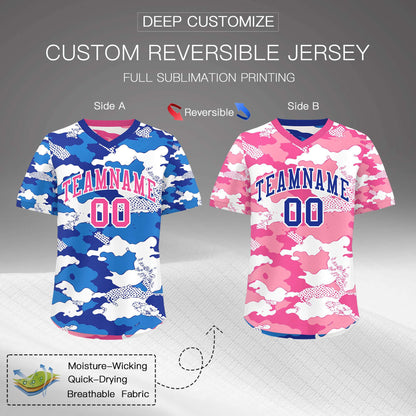 Custom Royal Blue Pink White Reversible Pullover Baseball Jersey Camo Breathable
