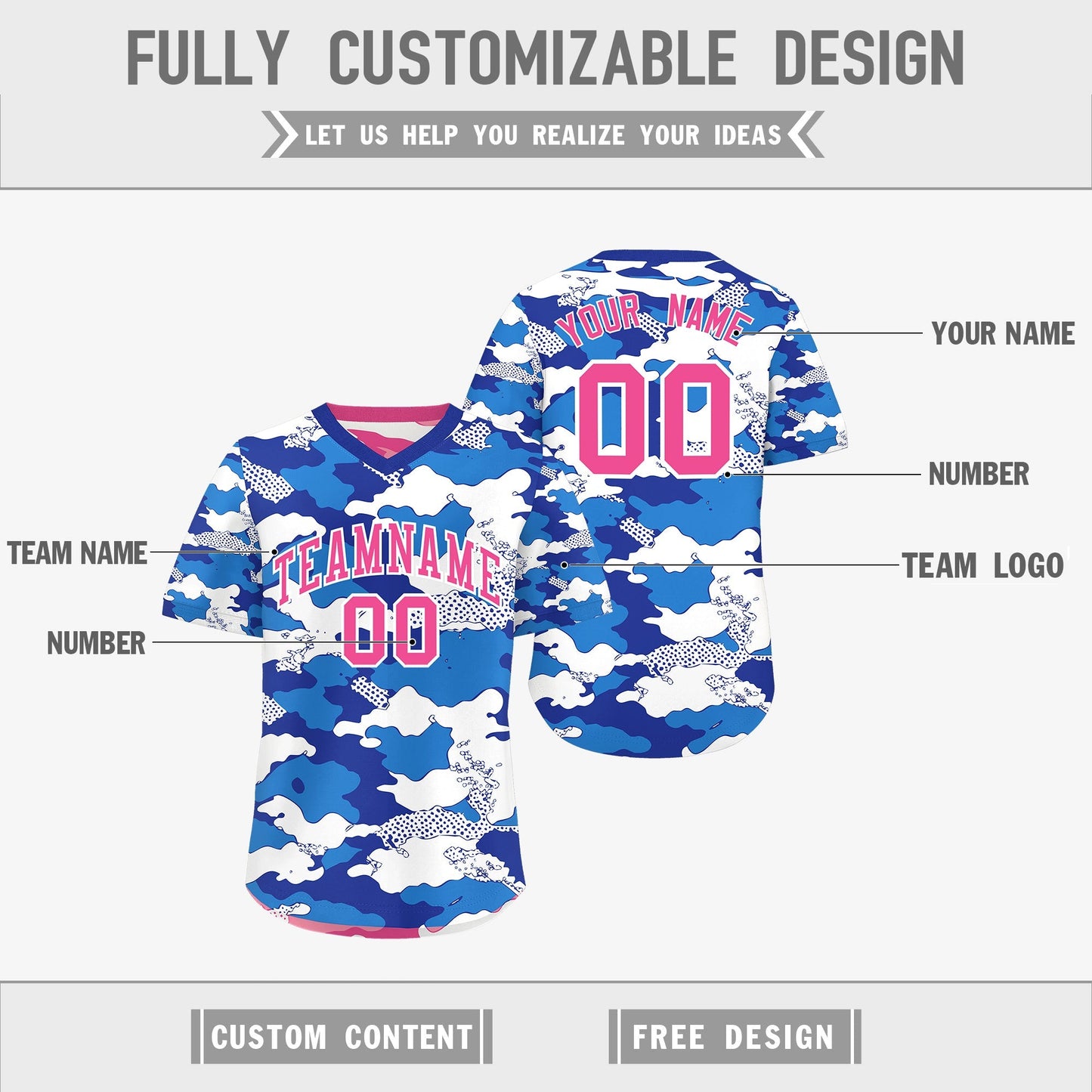 Custom Royal Blue Pink White Reversible Pullover Baseball Jersey Camo Breathable