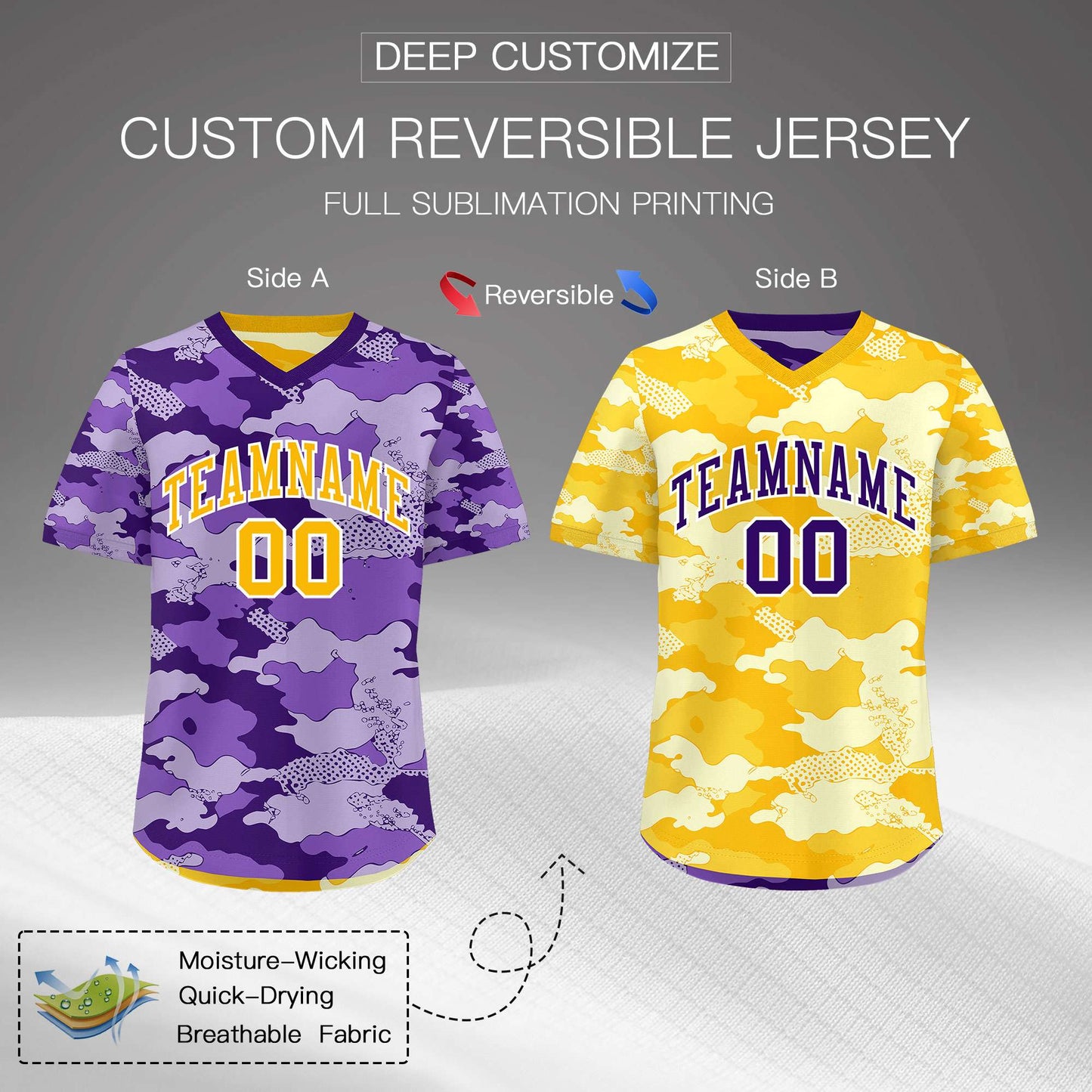 Custom Light Purple Yellow Cream Reversible Pullover Baseball Jersey Camo Lightweight