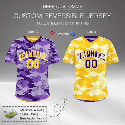 Custom Light Purple Yellow Cream Reversible Pullover Baseball Jersey Camo Lightweight