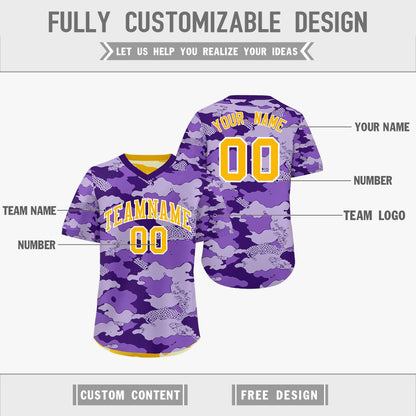 Custom Light Purple Yellow Cream Reversible Pullover Baseball Jersey Camo Lightweight