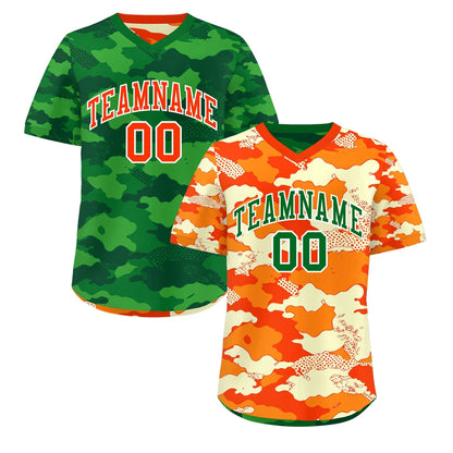 Custom Orange Dark Green Kelly Green Reversible Pullover Baseball Jersey Camo Stretch Fabric