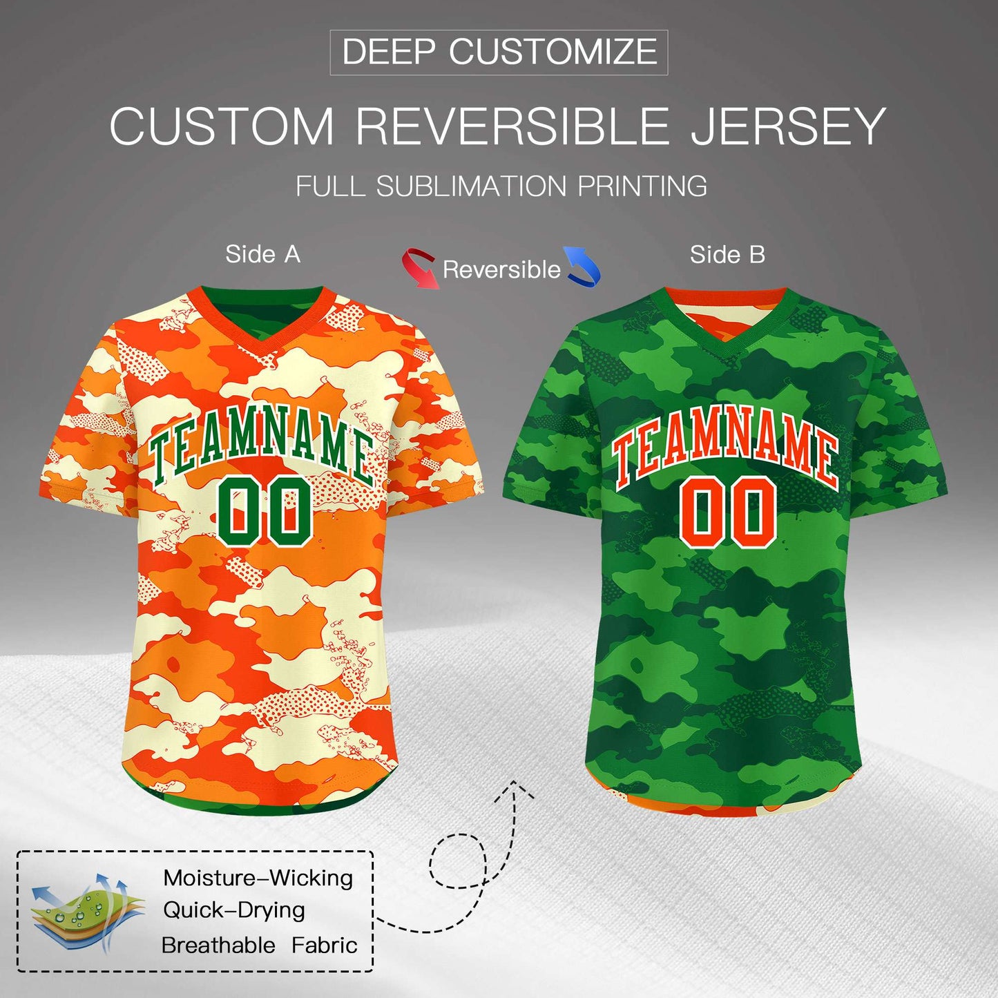 Custom Orange Dark Green Kelly Green Reversible Pullover Baseball Jersey Camo Stretch Fabric