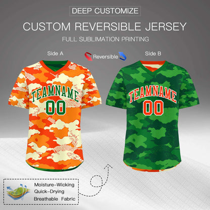 Custom Orange Dark Green Kelly Green Reversible Pullover Baseball Jersey Camo Stretch Fabric