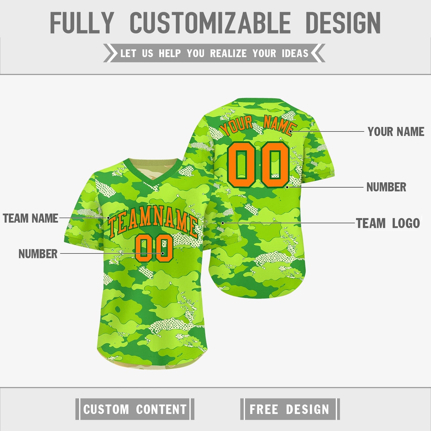 Custom Neon Green Cream Khaki Reversible Pullover Baseball Jersey Camo Breathable