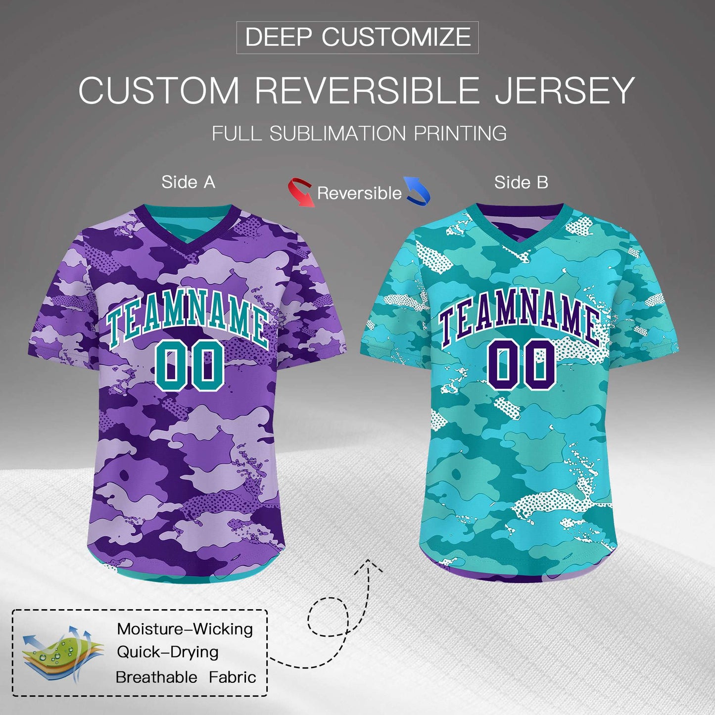 Custom Purple Light Purple Bright Green Reversible Pullover Baseball Jersey Camo Lightweight