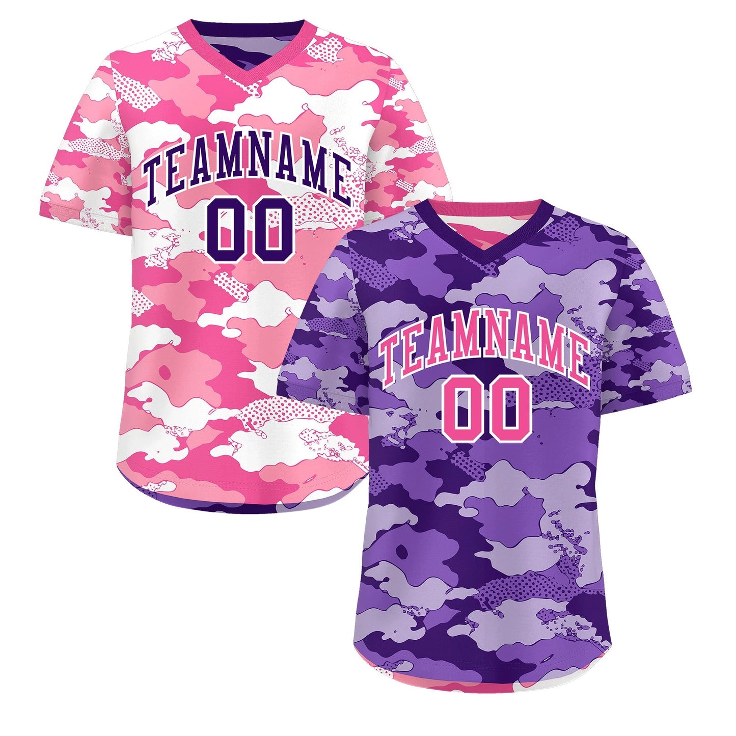 Custom Purple Pink White Reversible Pullover Baseball Jersey Camo Stretch Fabric