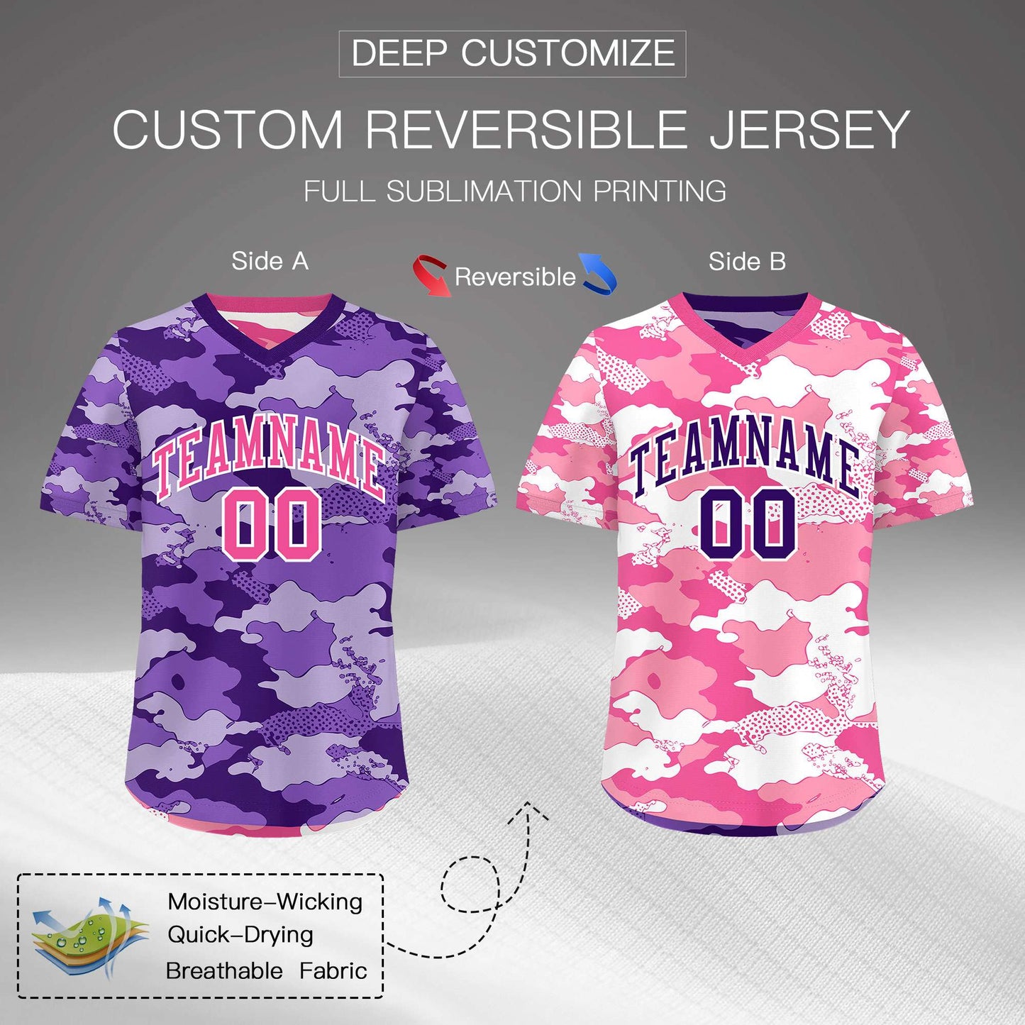 Custom Purple Pink White Reversible Pullover Baseball Jersey Camo Stretch Fabric