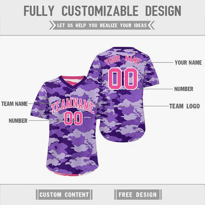 Custom Purple Pink White Reversible Pullover Baseball Jersey Camo Stretch Fabric