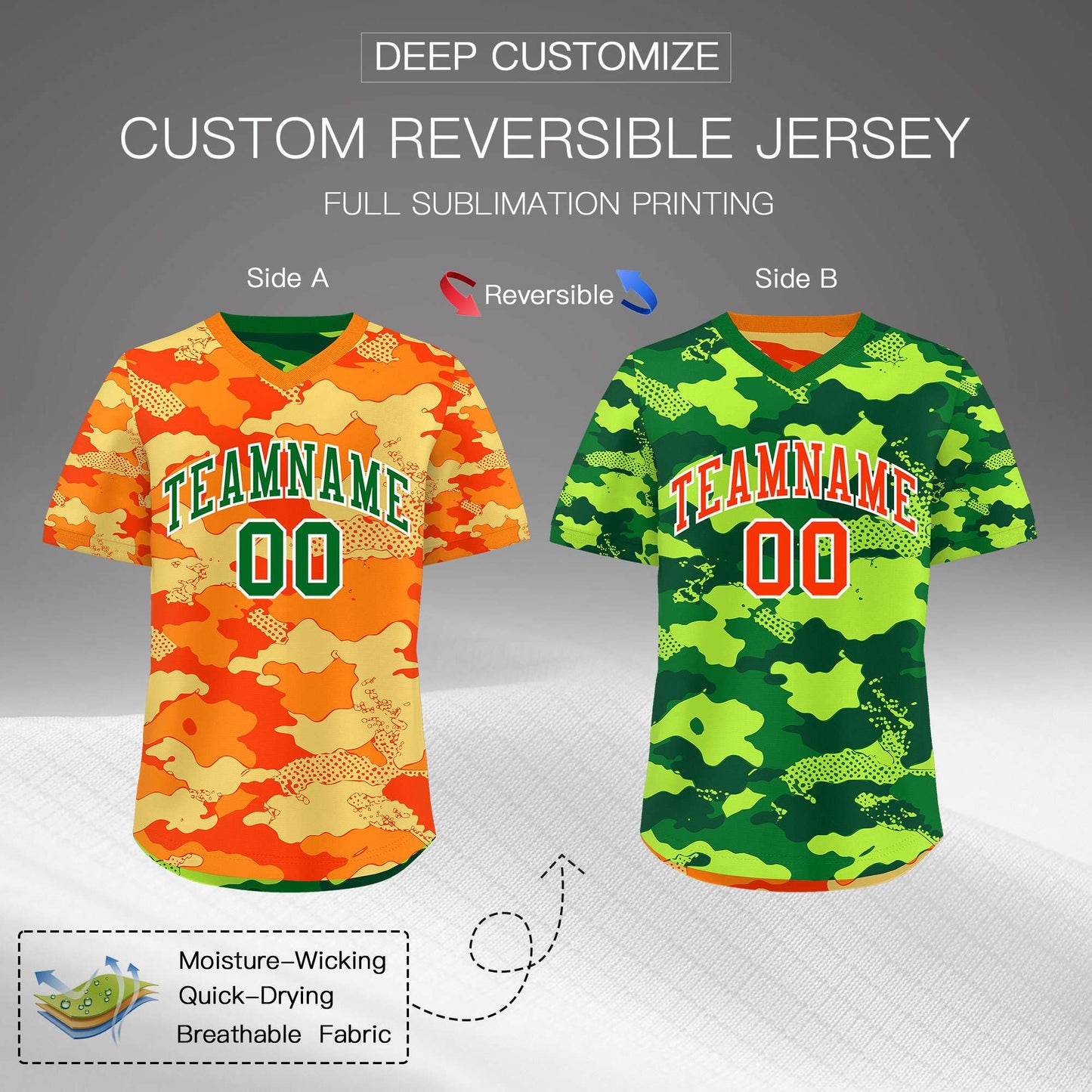 Custom Orange Dark Green Kelly Green Reversible Pullover Baseball Jersey Camo Breathable