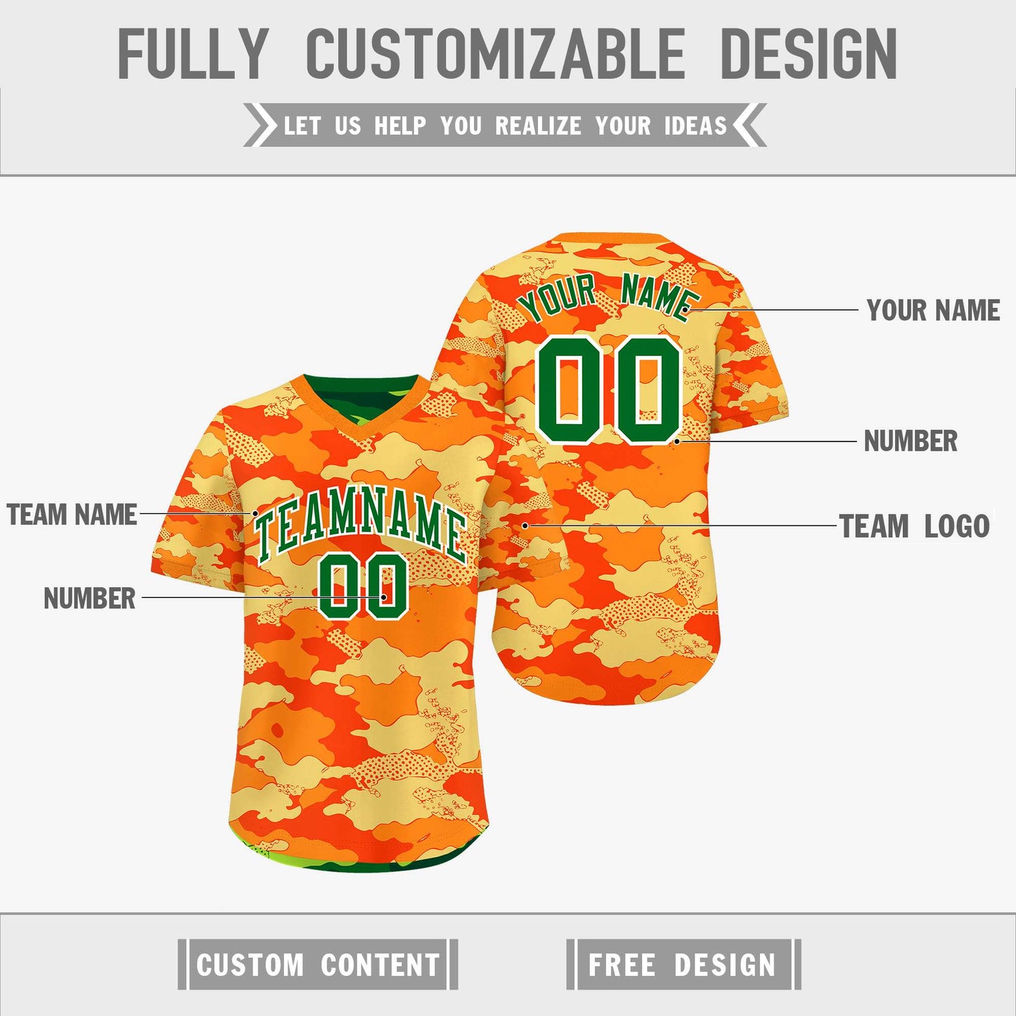 Custom Orange Dark Green Kelly Green Reversible Pullover Baseball Jersey Camo Breathable