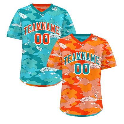 Custom Orange Light Orange Teal Reversible Pullover Baseball Jersey Camo Stretch Fabric