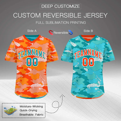 Custom Orange Light Orange Teal Reversible Pullover Baseball Jersey Camo Stretch Fabric